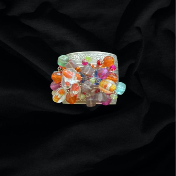 VINTAGE BRACELET -- Wide Silver Cuff Bracelet with Beads & Crystals, Aztec Vibe - Picture 3 of 8